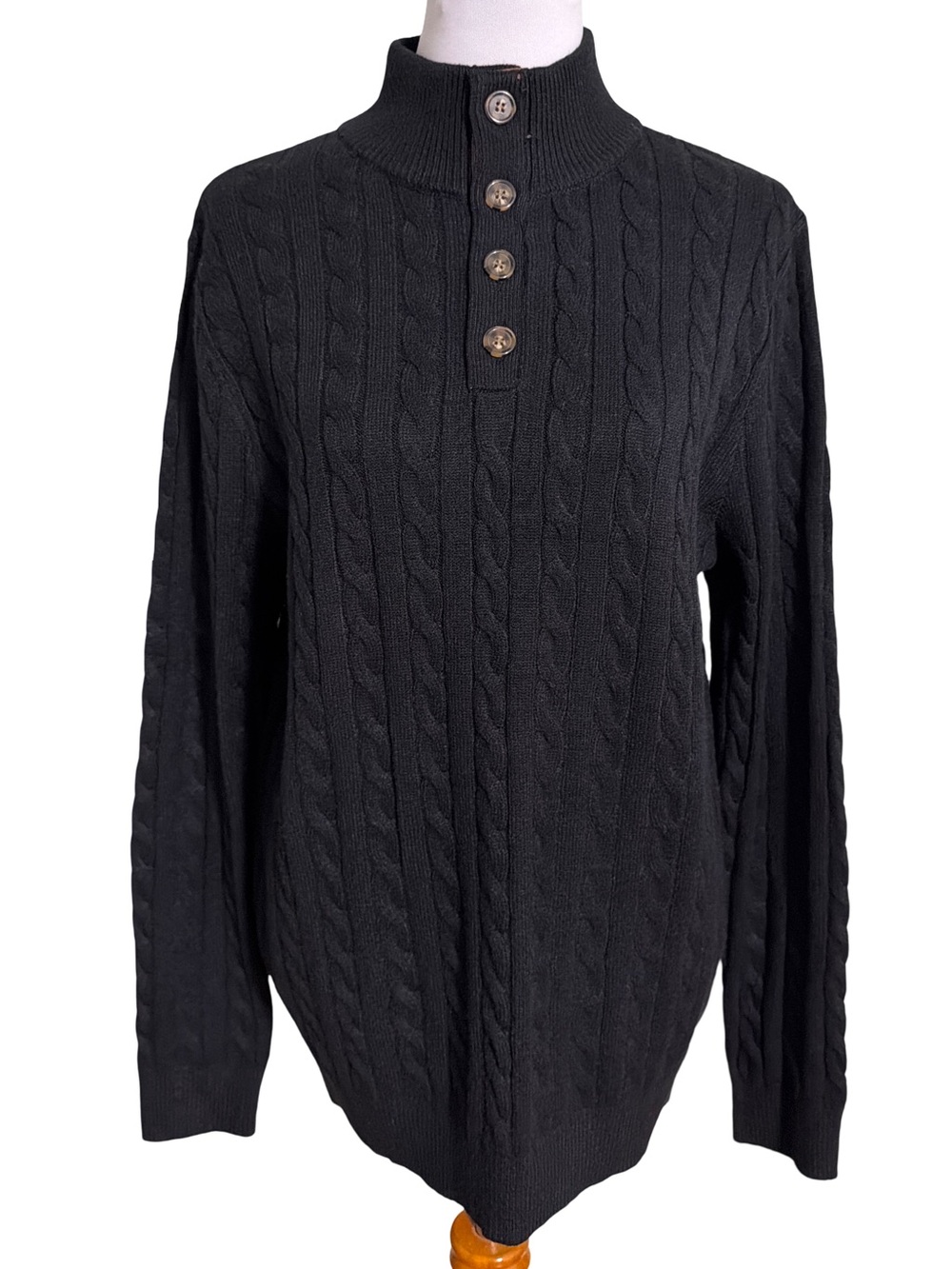 JMIERR Men's Black Cable Knit Turtleneck Sweater Button Placket